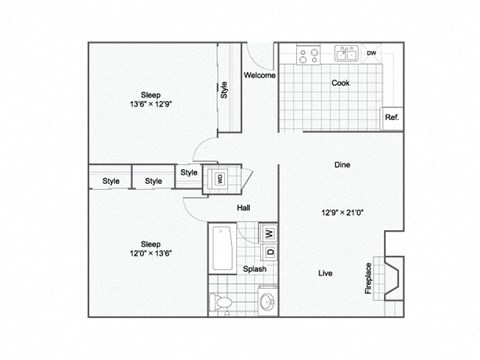 Floor plan for 2 beds, 2 baths, 980 sqft